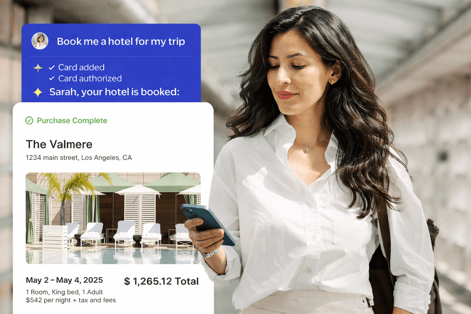 Visa Intelligent Commerce example showing an AI agent completing secure hotel booking and AI agent payment authorization with passkey verification.